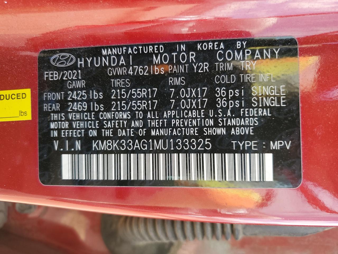 2021 Hyundai Kona Limited VIN: KM8K33AG1MU133325 Lot: 76162804