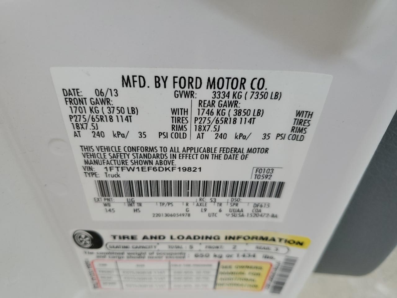 2013 Ford F150 Supercrew VIN: 1FTFW1EF6DKF19821 Lot: 76030214