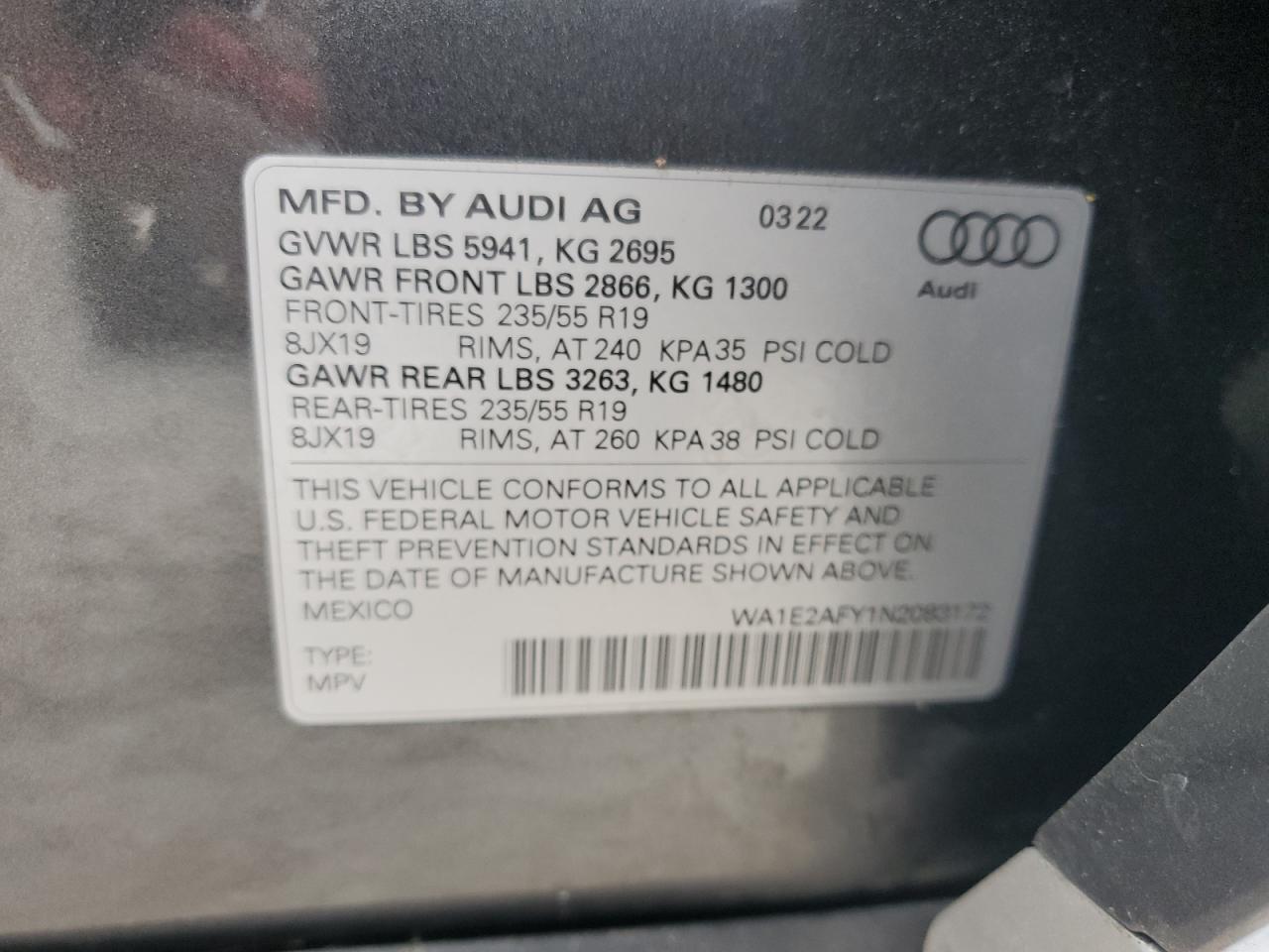 2022 Audi Q5 E Premium Plus 55 VIN: WA1E2AFY1N2083172 Lot: 75171594