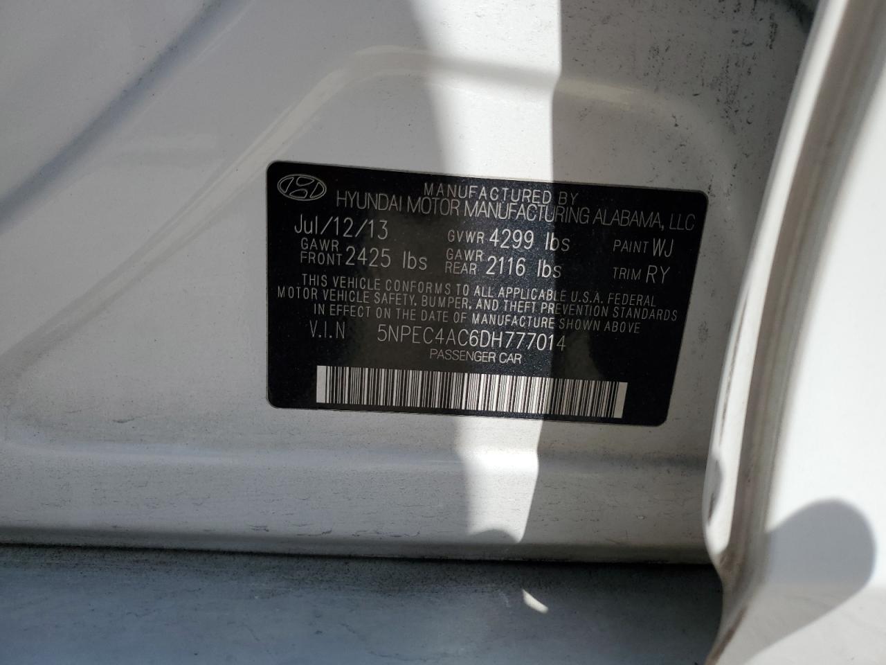 2013 Hyundai Sonata Se VIN: 5NPEC4AC6DH777014 Lot: 74343594