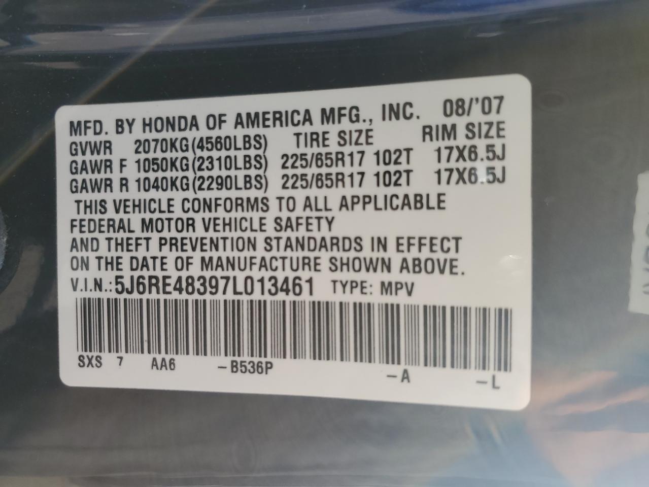 2007 Honda Cr-V Lx VIN: 5J6RE48397L013461 Lot: 74885454