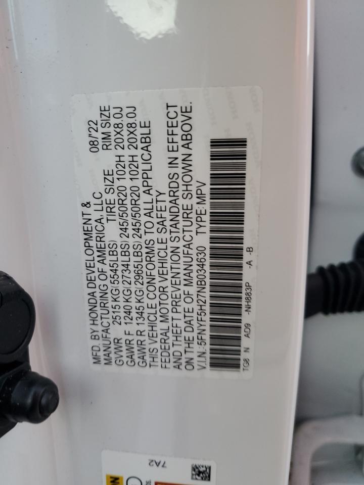 2022 Honda Pilot Se VIN: 5FNYF5H27NB034630 Lot: 77215024