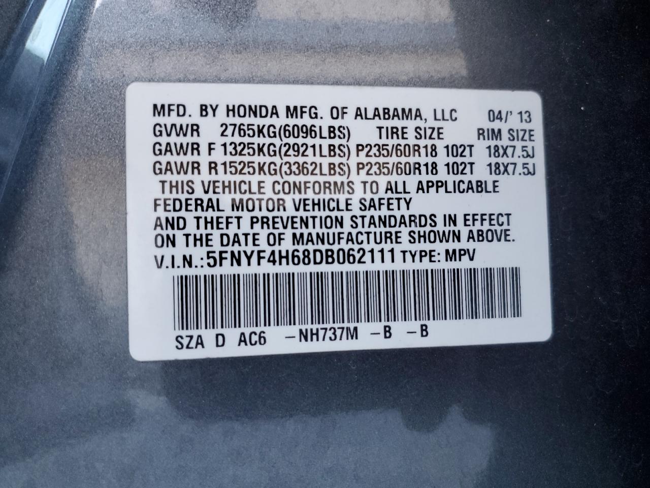 5FNYF4H68DB062111 2013 Honda Pilot Exl