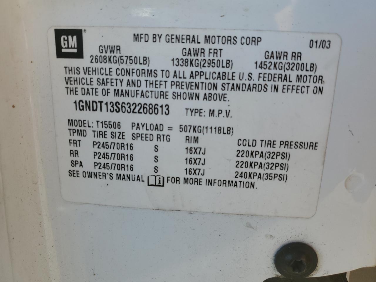 2003 Chevrolet Trailblazer VIN: 1GNDT13S632268613 Lot: 75552254