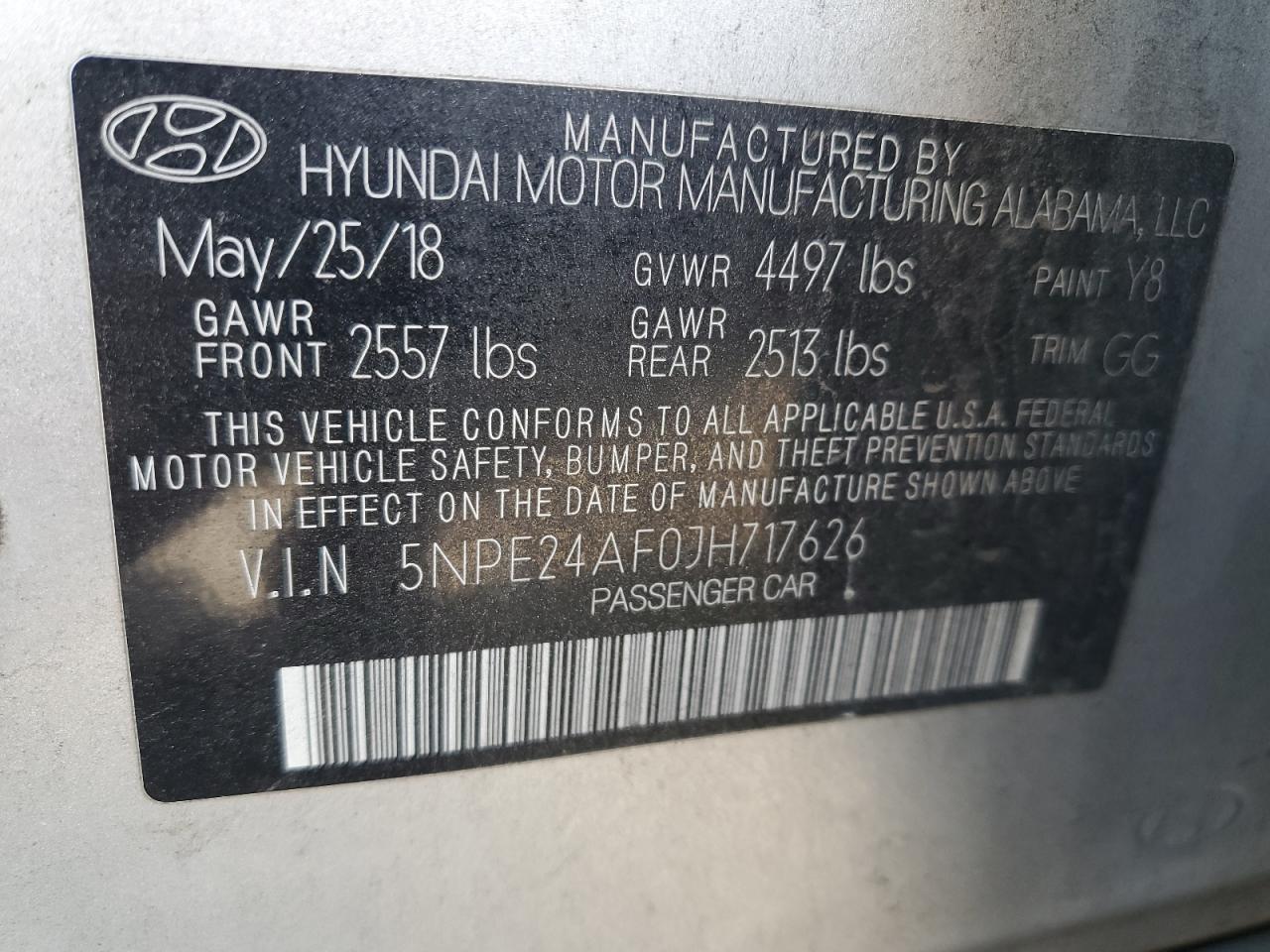 2018 Hyundai Sonata Se VIN: 5NPE24AF0JH717626 Lot: 75906284