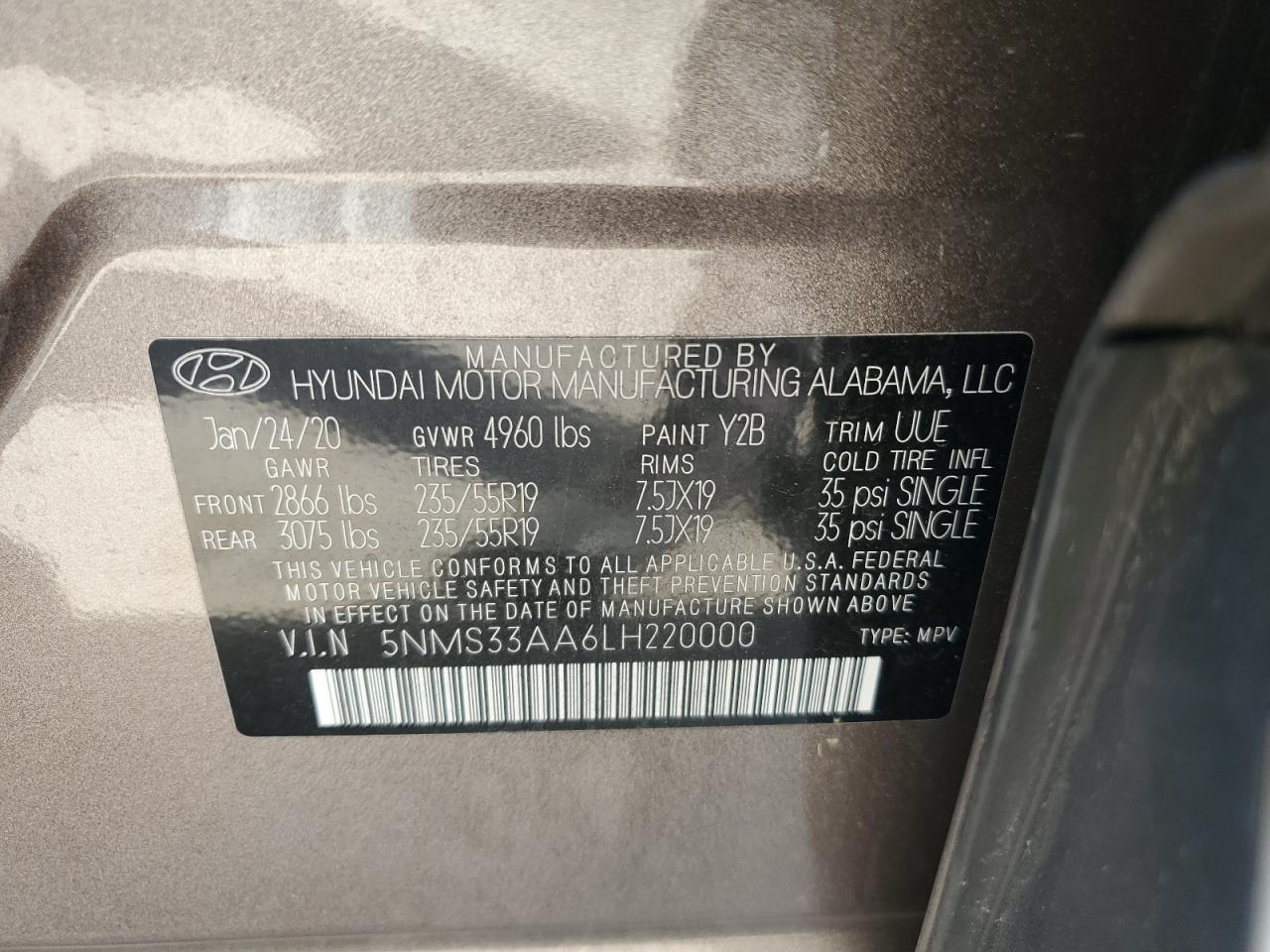 2020 Hyundai Santa Fe Sel VIN: 5NMS33AA6LH220000 Lot: 75231044