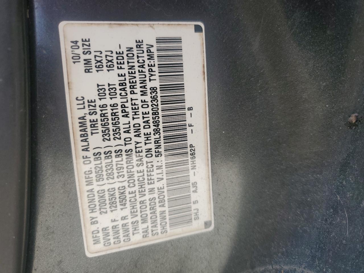 5FNRL38485B023638 2005 Honda Odyssey Ex