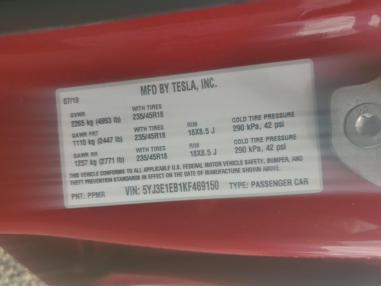 2019 Tesla Model 3 VIN: 5YJ3E1EB1KF469150 Lot: 74658334