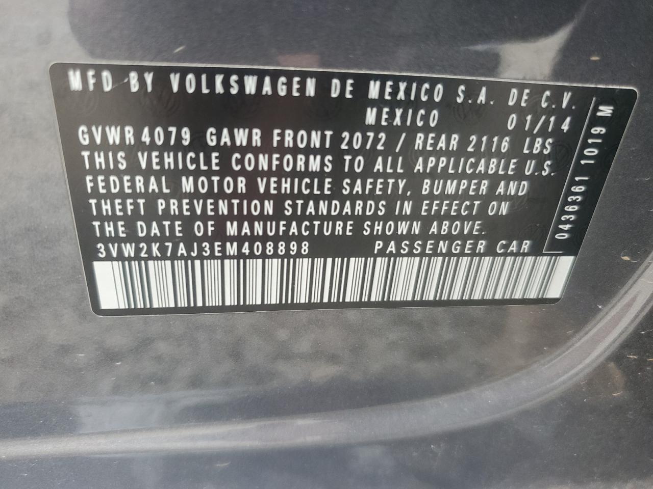 2014 Volkswagen Jetta Base VIN: 3VW2K7AJ3EM408898 Lot: 76353994