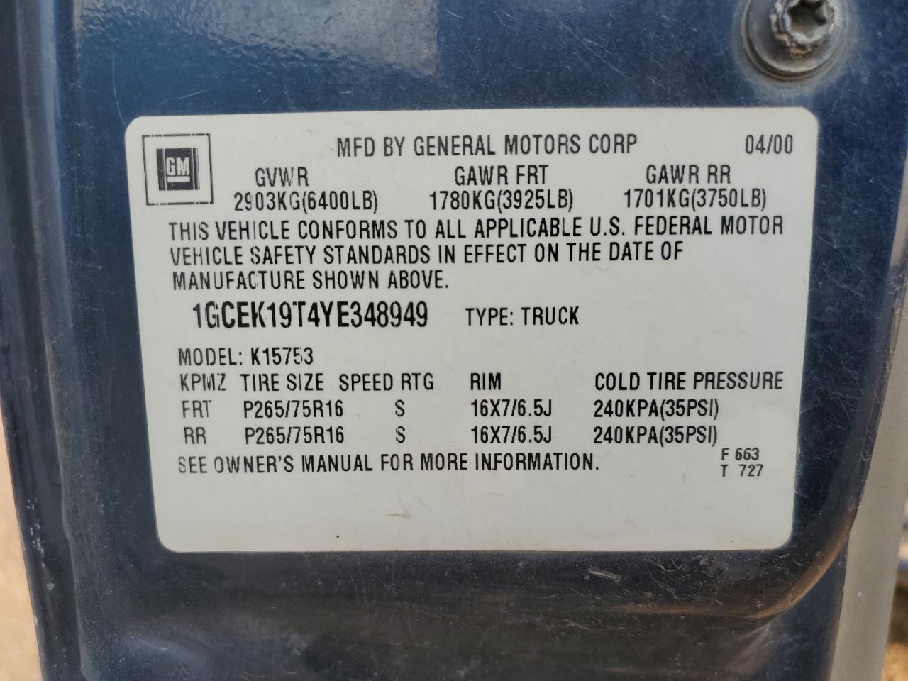 1GCEK19T4YE348949 2000 Chevrolet Silverado K1500