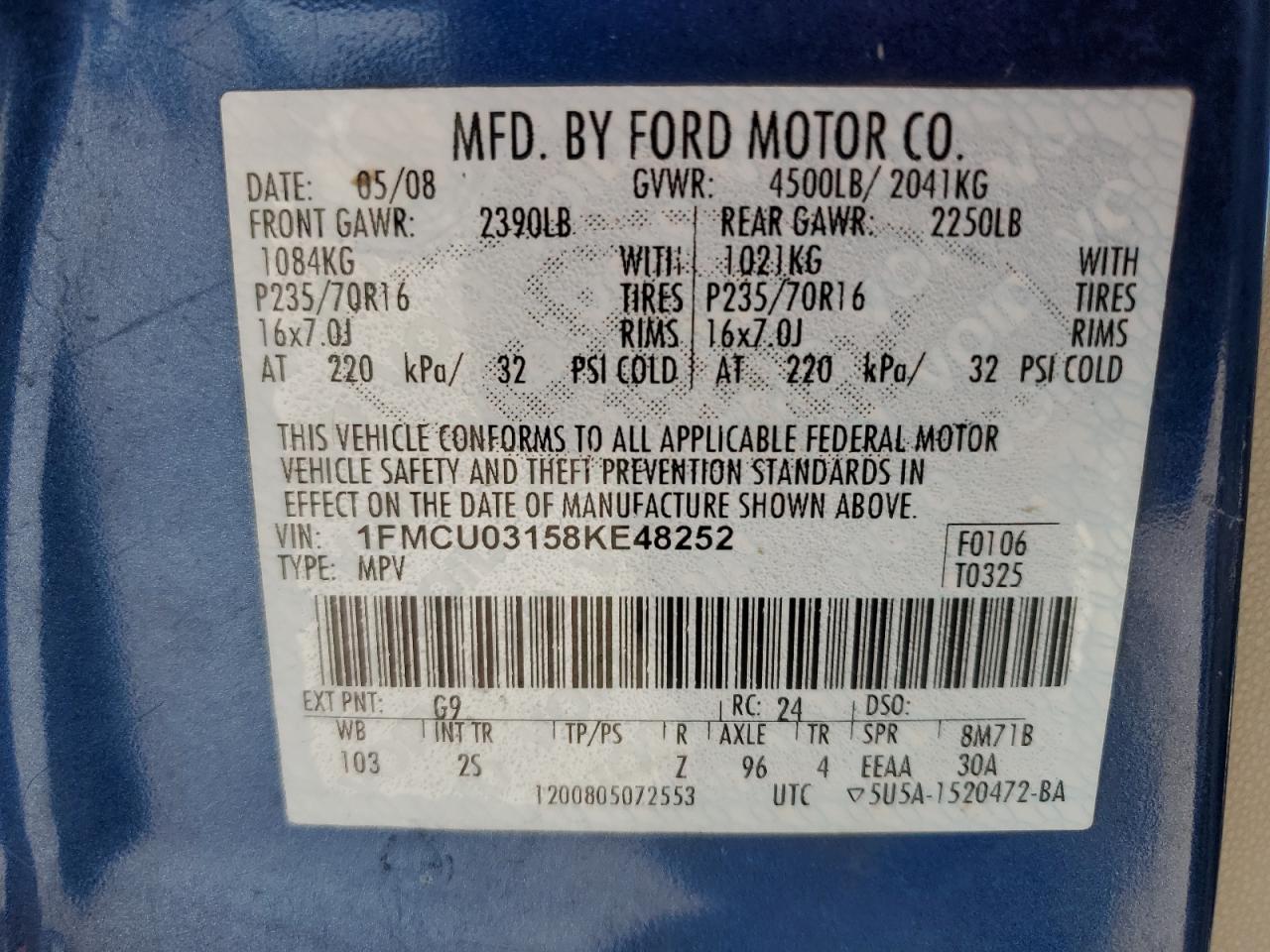 1FMCU03158KE48252 2008 Ford Escape Xlt