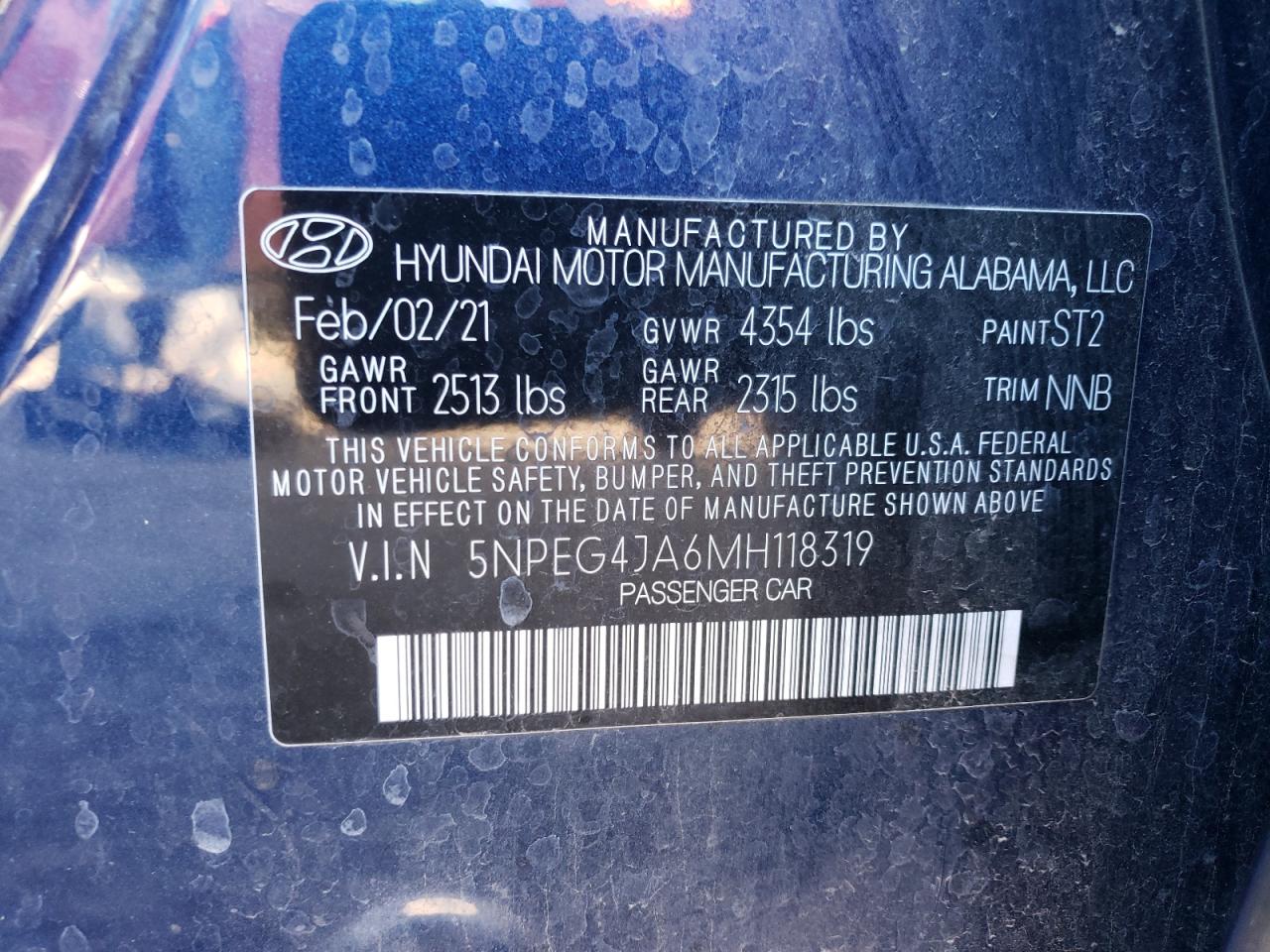 2021 Hyundai Sonata Se VIN: 5NPEG4JA6MH118319 Lot: 75819614