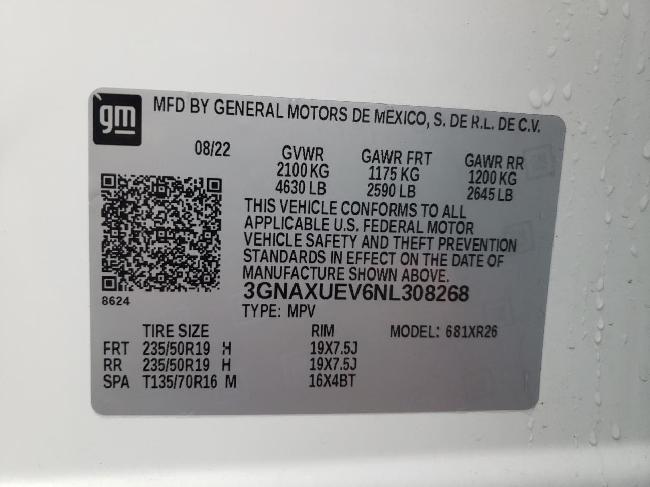 3GNAXUEV6NL308268 2022 Chevrolet Equinox Lt