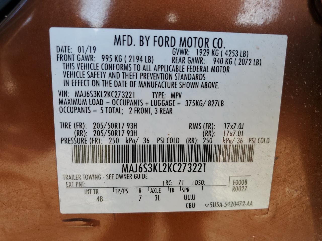 MAJ6S3KL2KC273221 2019 Ford Ecosport Titanium