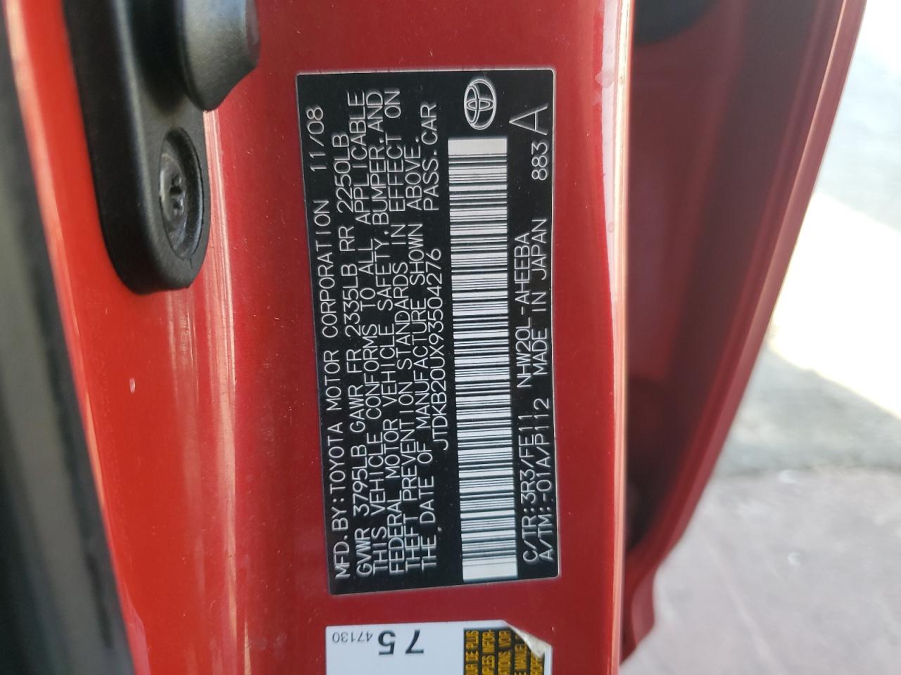 2009 Toyota Prius VIN: JTDKB20UX93504276 Lot: 75020064