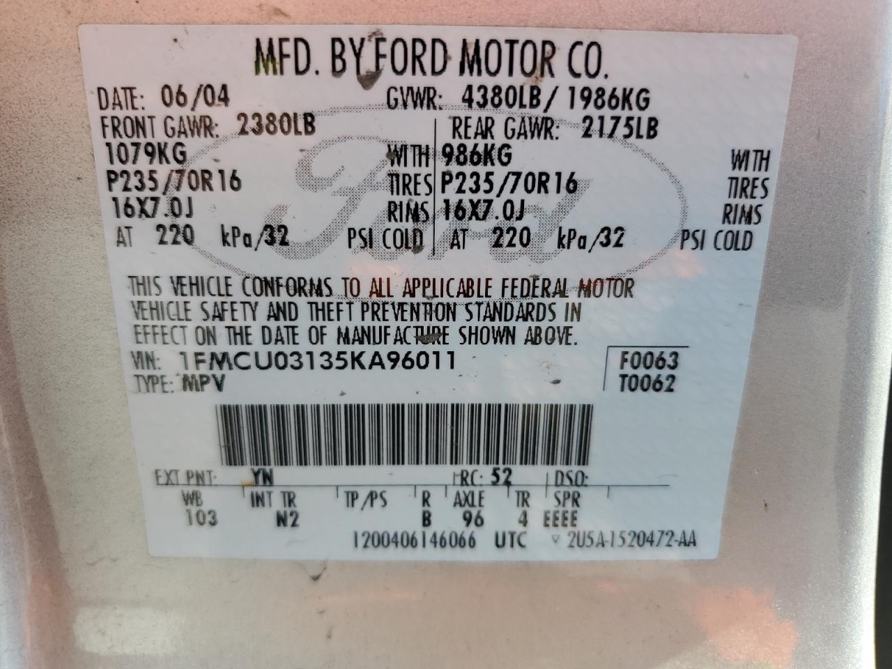 1FMCU03135KA96011 2005 Ford Escape Xlt