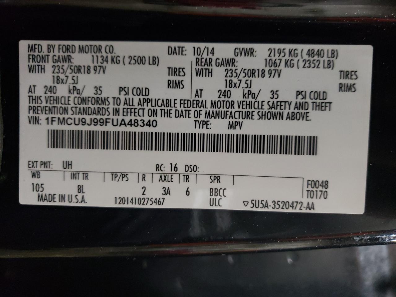 1FMCU9J99FUA48340 2015 Ford Escape Titanium