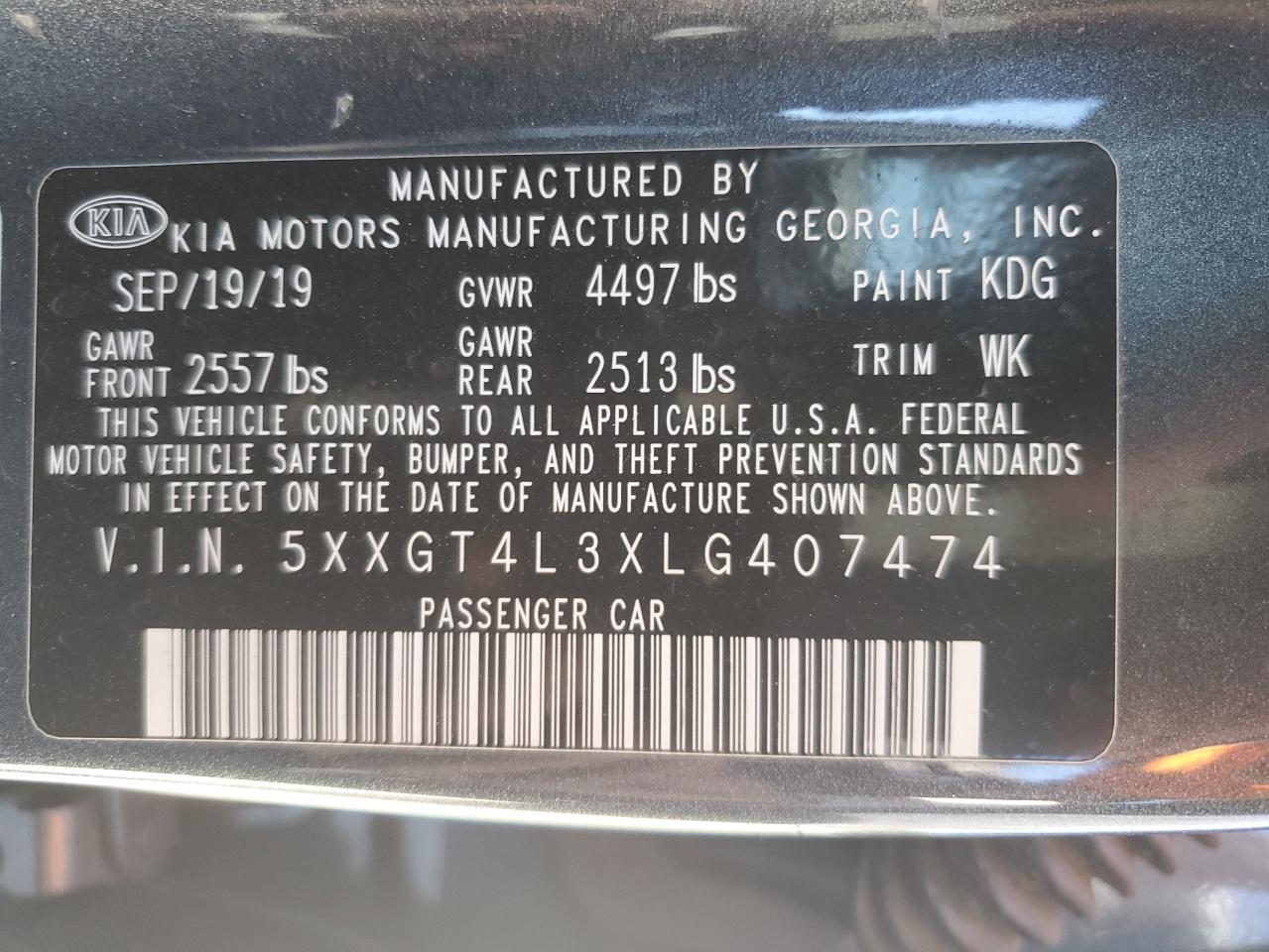 5XXGT4L3XLG407474 2020 Kia Optima Lx