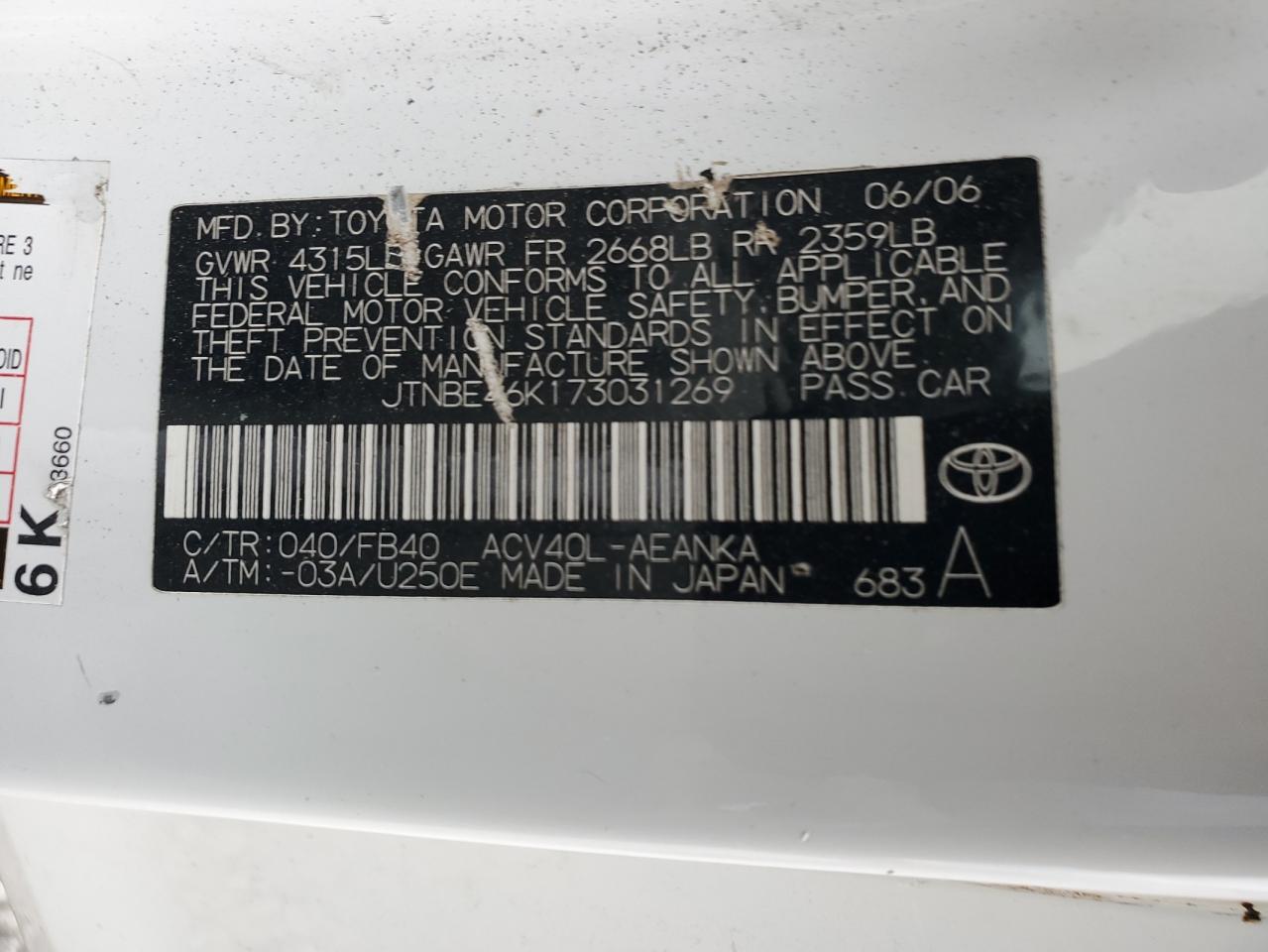 JTNBE46K173031269 2007 Toyota Camry Ce