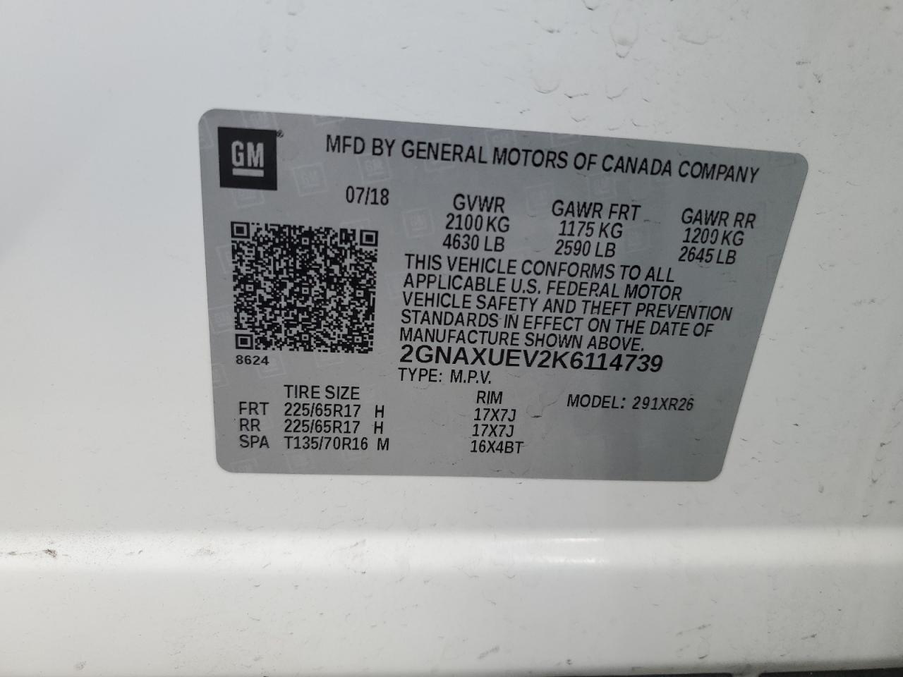 2GNAXUEV2K6114739 2019 Chevrolet Equinox Lt