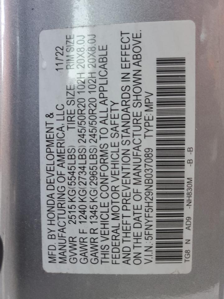 2022 Honda Pilot Se VIN: 5FNYF5H29NB037089 Lot: 77867304