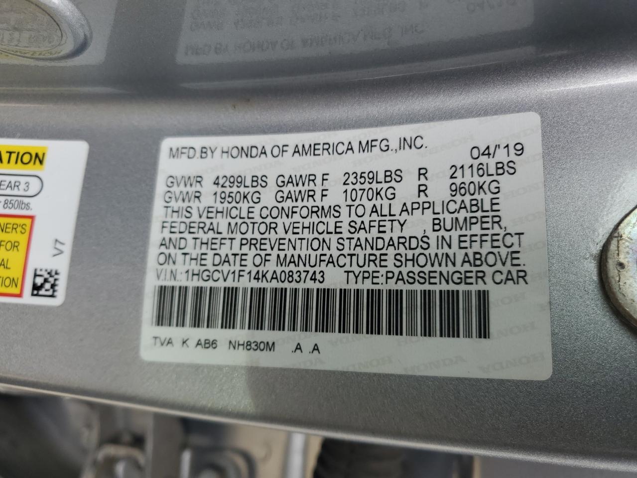 1HGCV1F14KA083743 2019 Honda Accord Lx