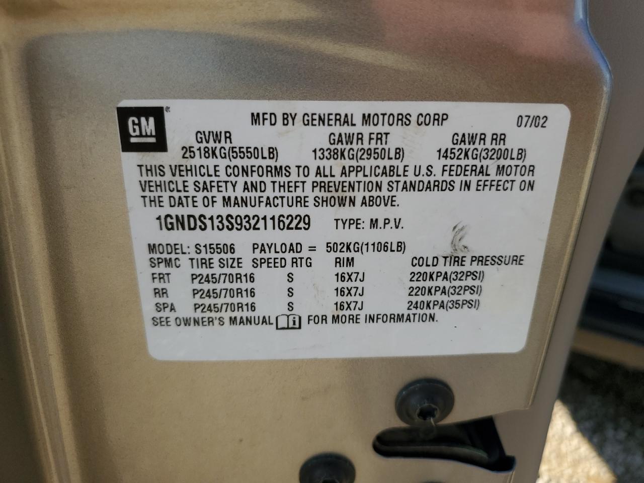 2003 Chevrolet Trailblazer VIN: 1GNDS13S932116229 Lot: 54615525