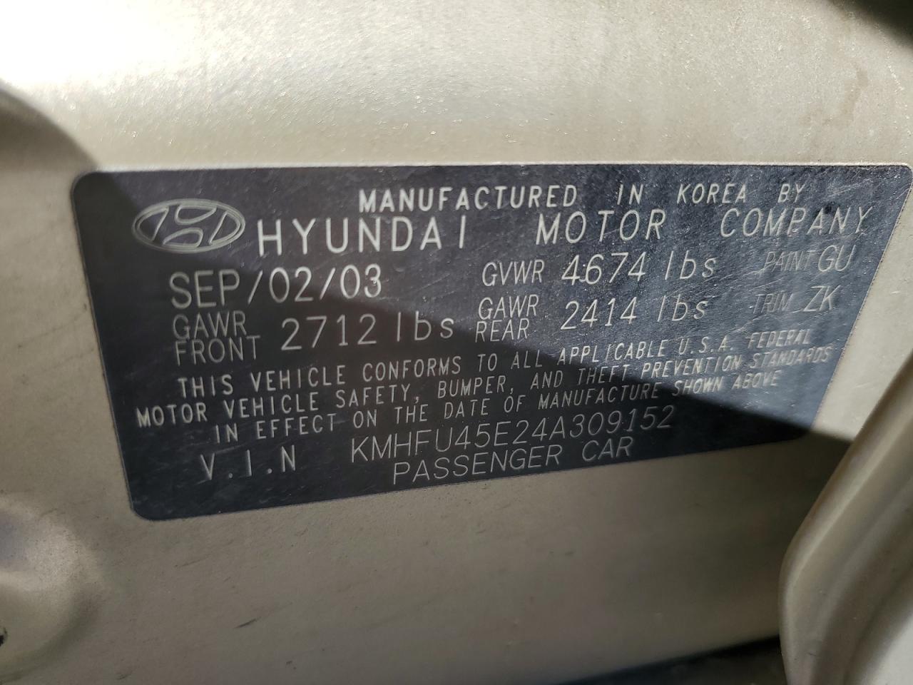 2004 Hyundai Xg 350 VIN: KMHFU45E24A309152 Lot: 74031444