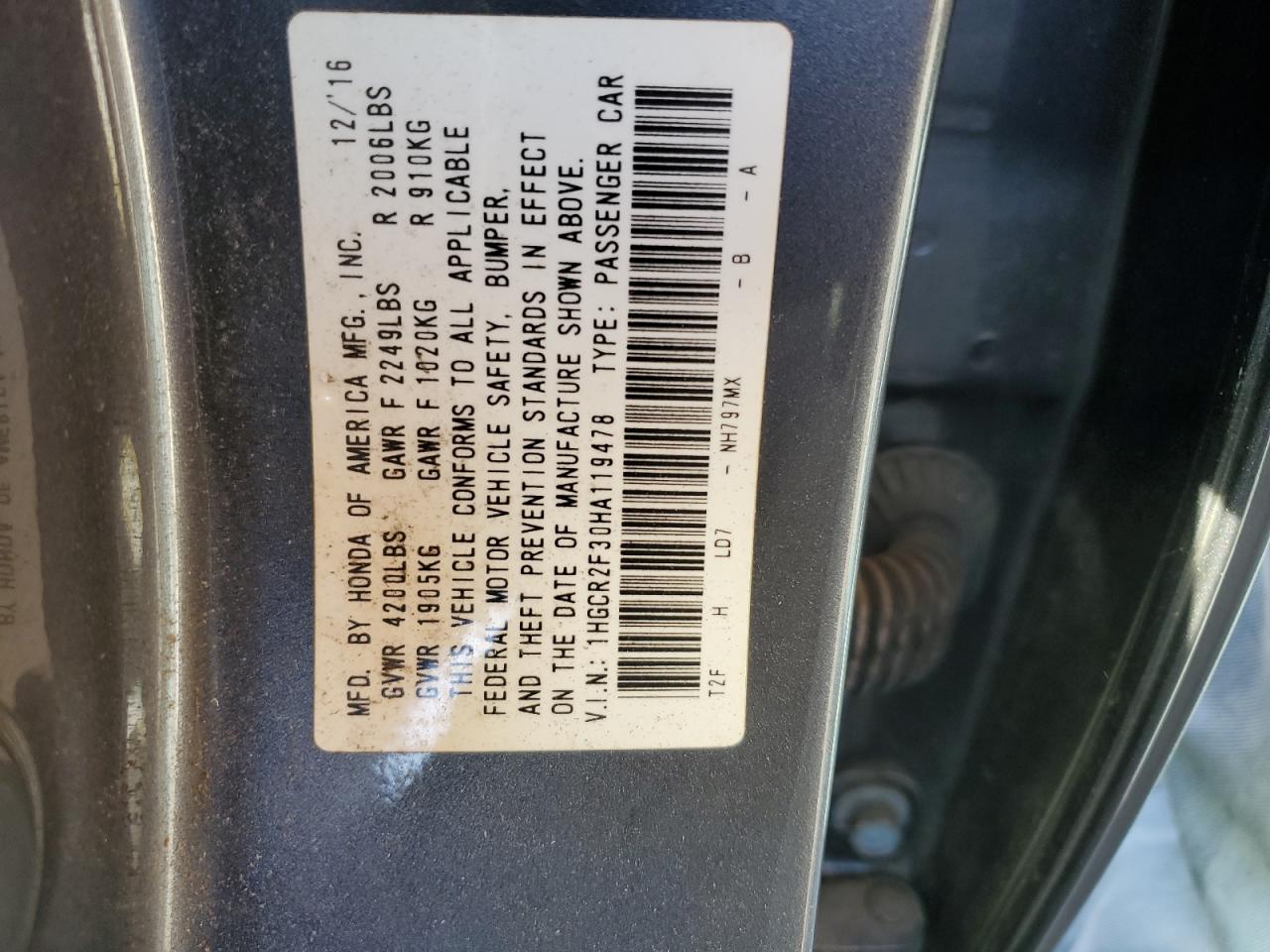 1HGCR2F30HA119478 2017 Honda Accord Lx