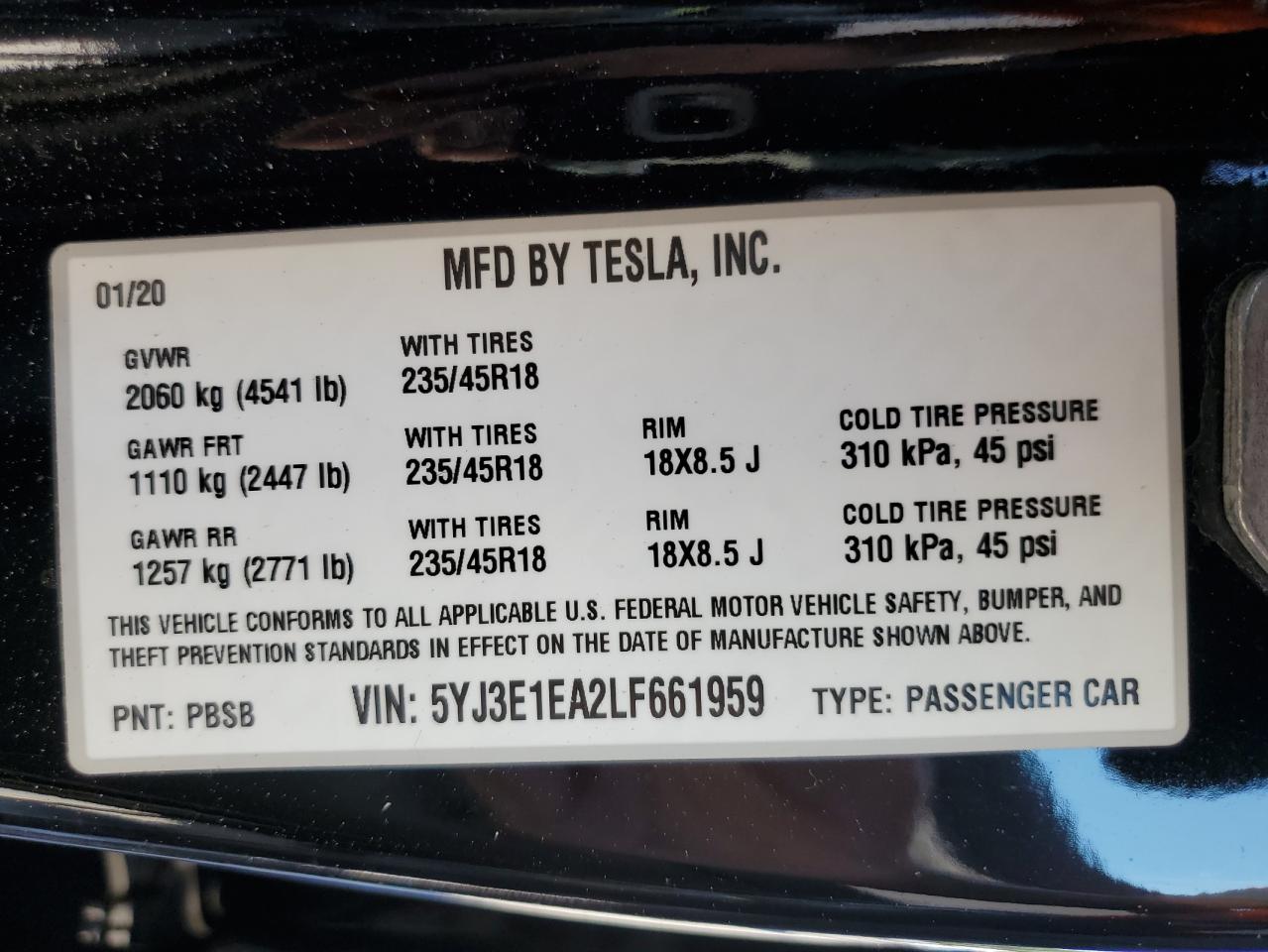 5YJ3E1EA2LF661959 2020 Tesla Model 3