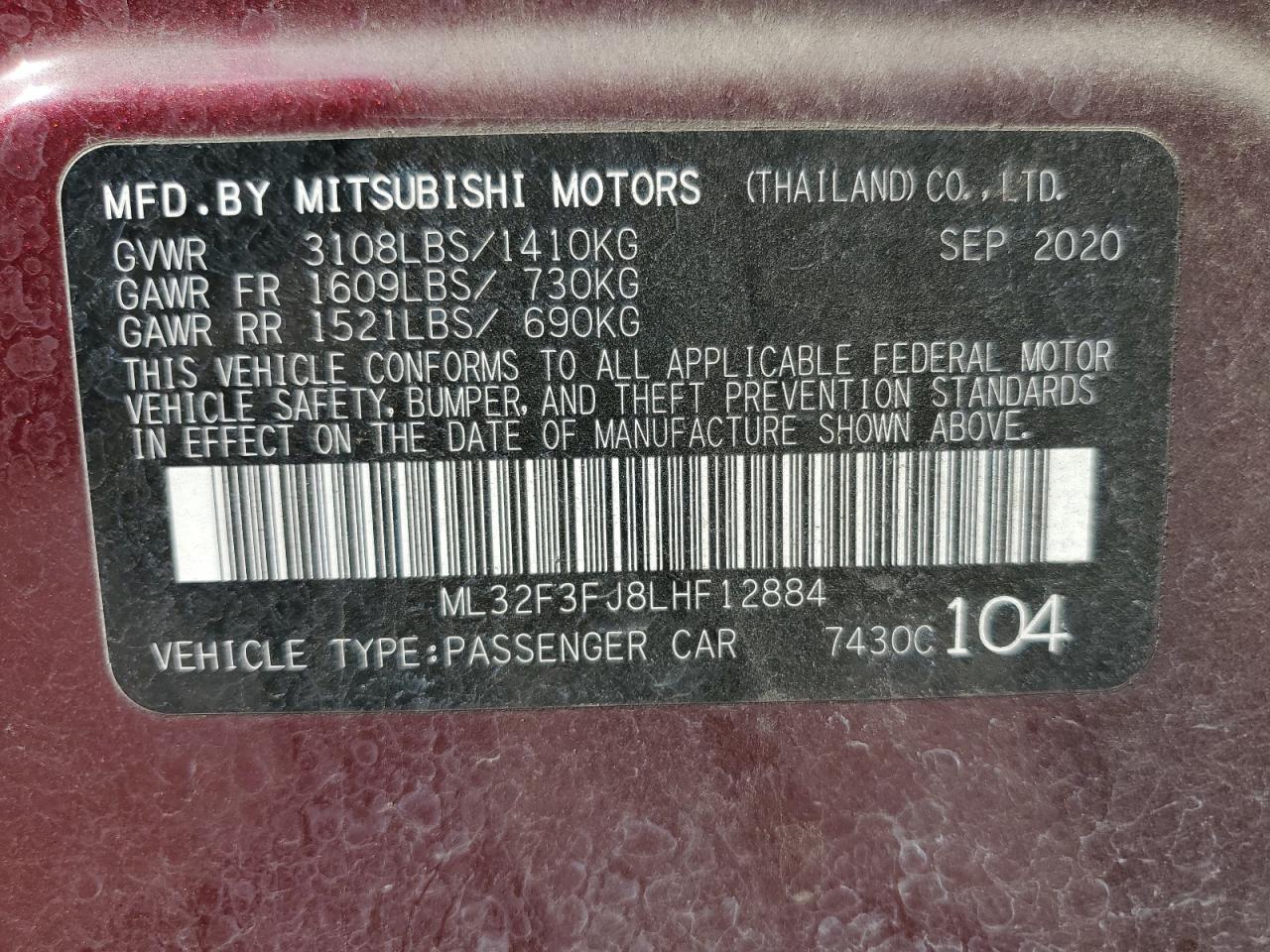 2020 Mitsubishi Mirage G4 Es VIN: ML32F3FJ8LHF12884 Lot: 74483864