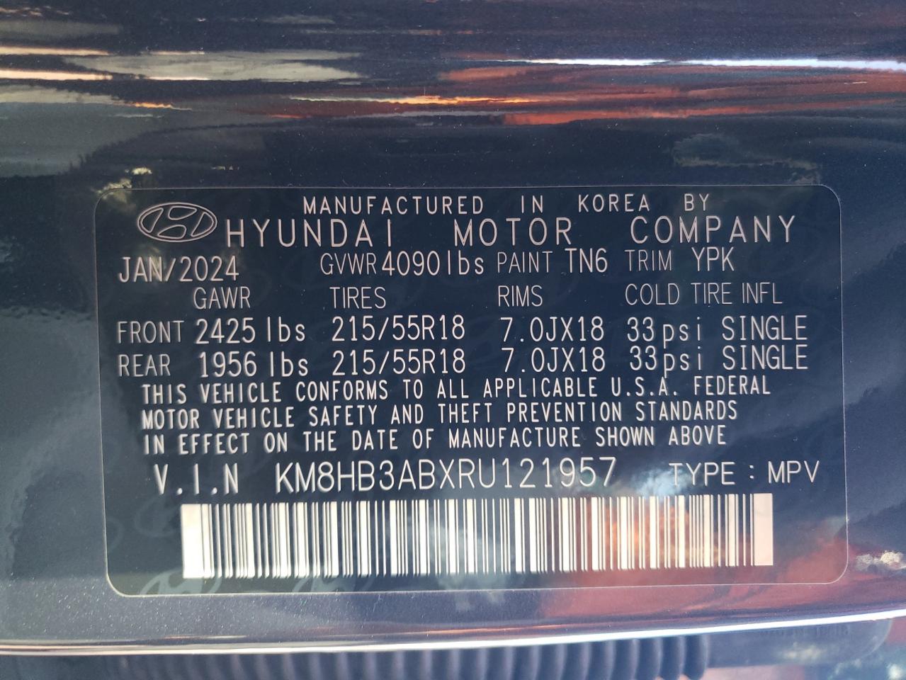 2024 Hyundai Kona Sel VIN: KM8HB3ABXRU121957 Lot: 77496674