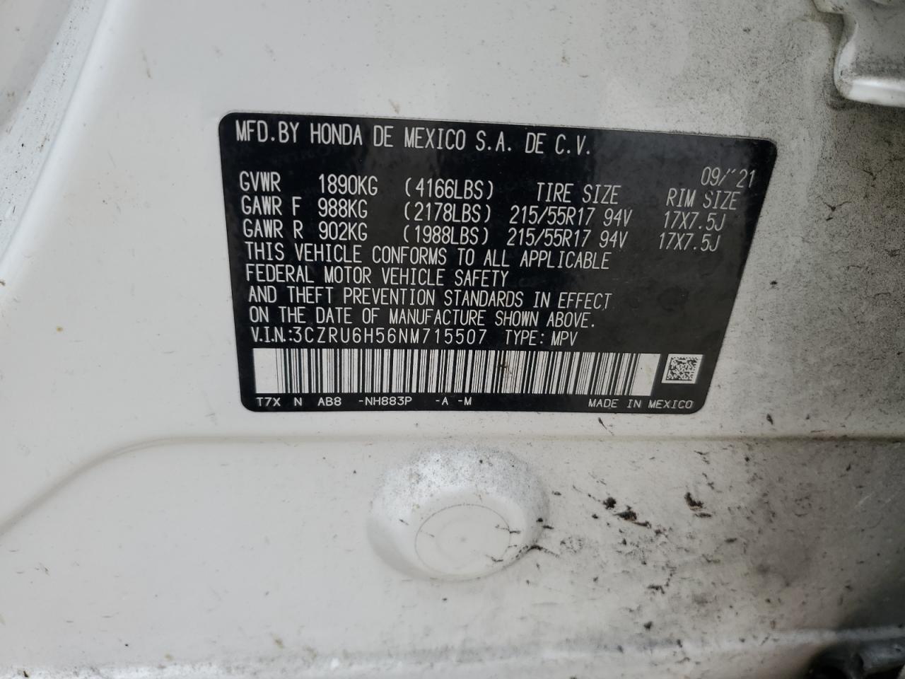 3CZRU6H56NM715507 2022 Honda Hr-V Ex