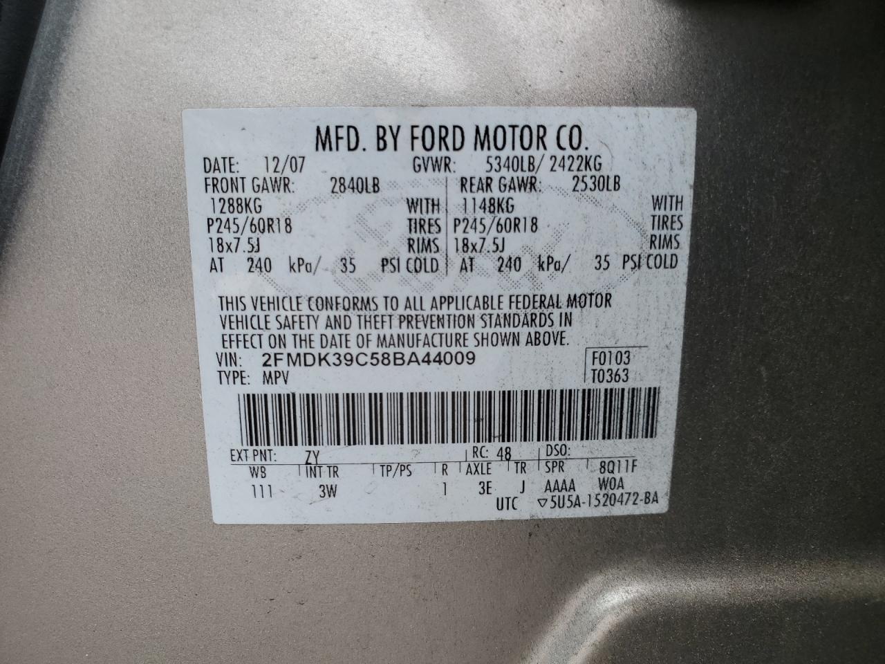 2FMDK39C58BA44009 2008 Ford Edge Limited