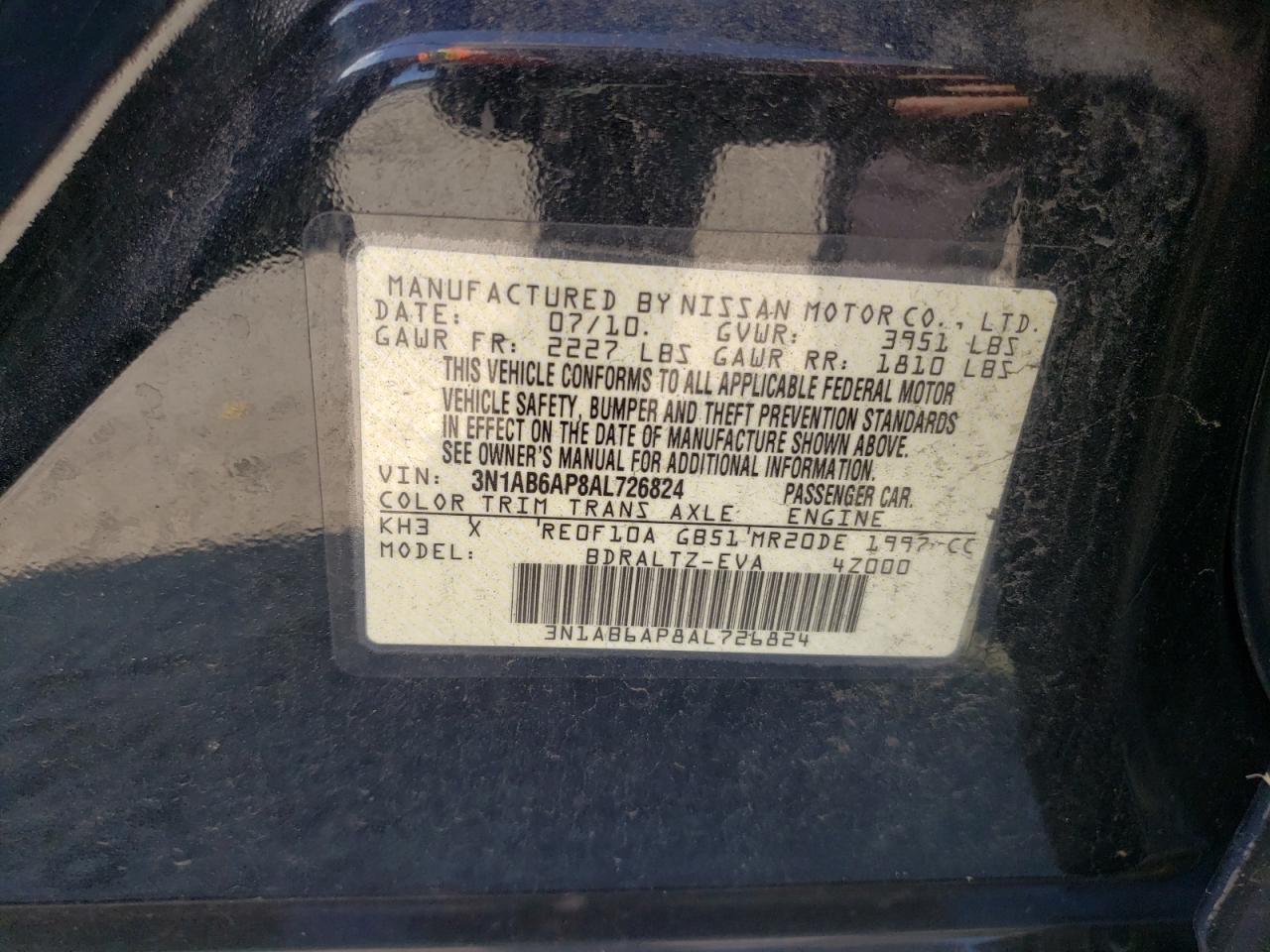 3N1AB6AP8AL726824 2010 Nissan Sentra 2.0