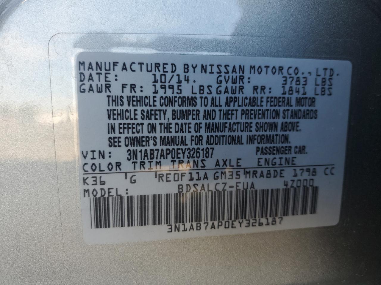 3N1AB7AP0EY326187 2014 Nissan Sentra S