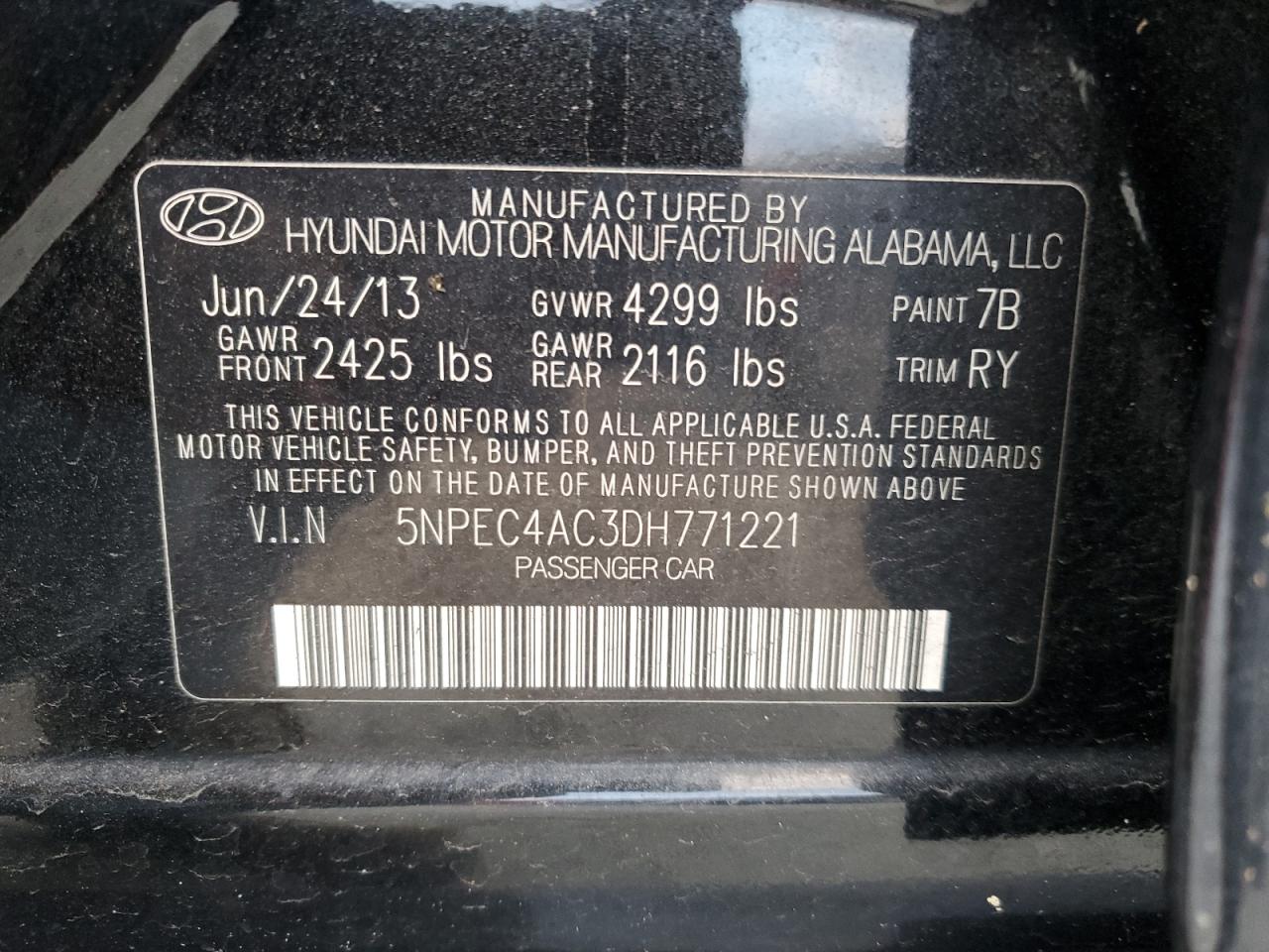 2013 Hyundai Sonata Se VIN: 5NPEC4AC3DH771221 Lot: 75115554