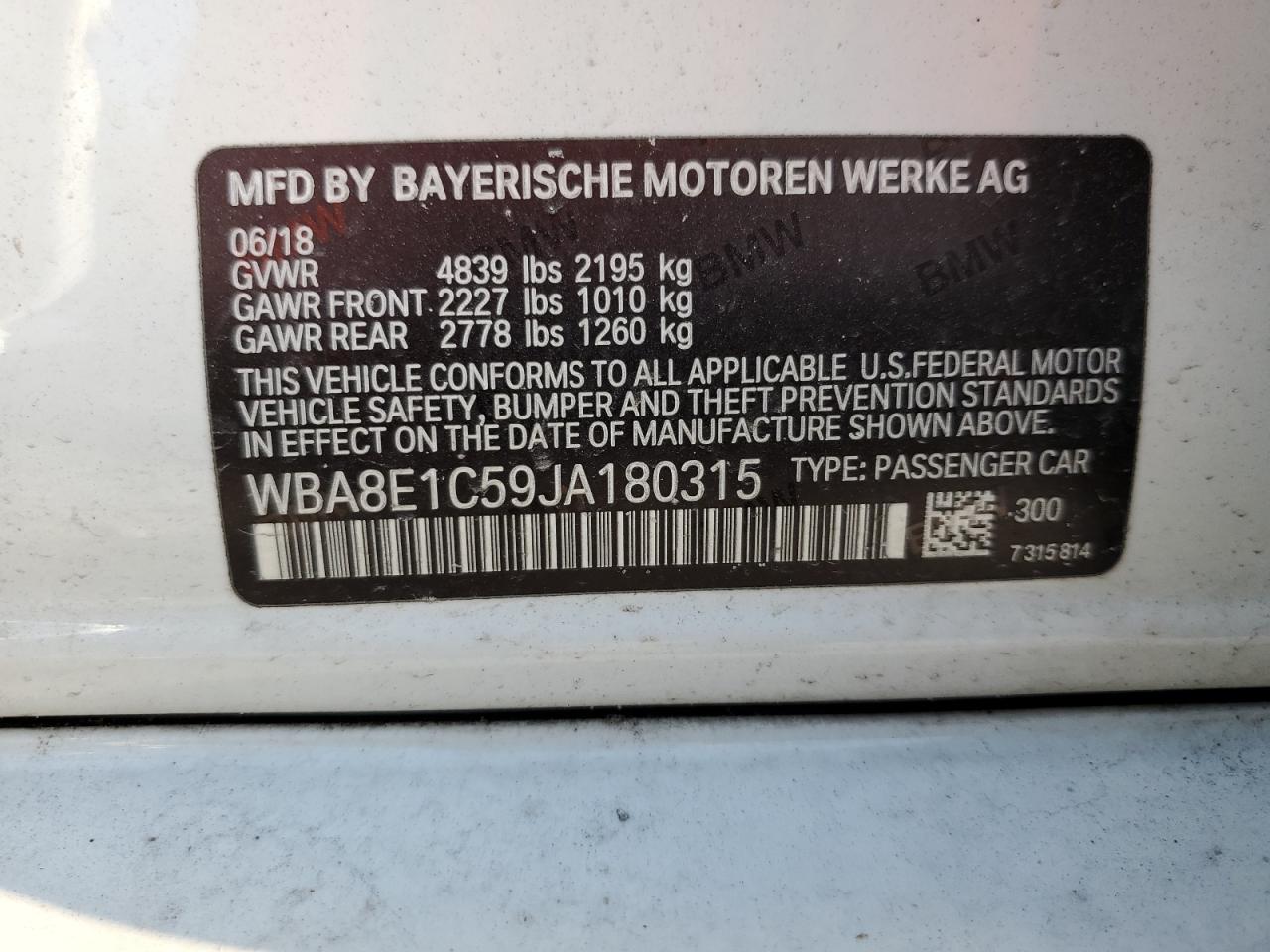 2018 BMW 330E VIN: WBA8E1C59JA180315 Lot: 78508724