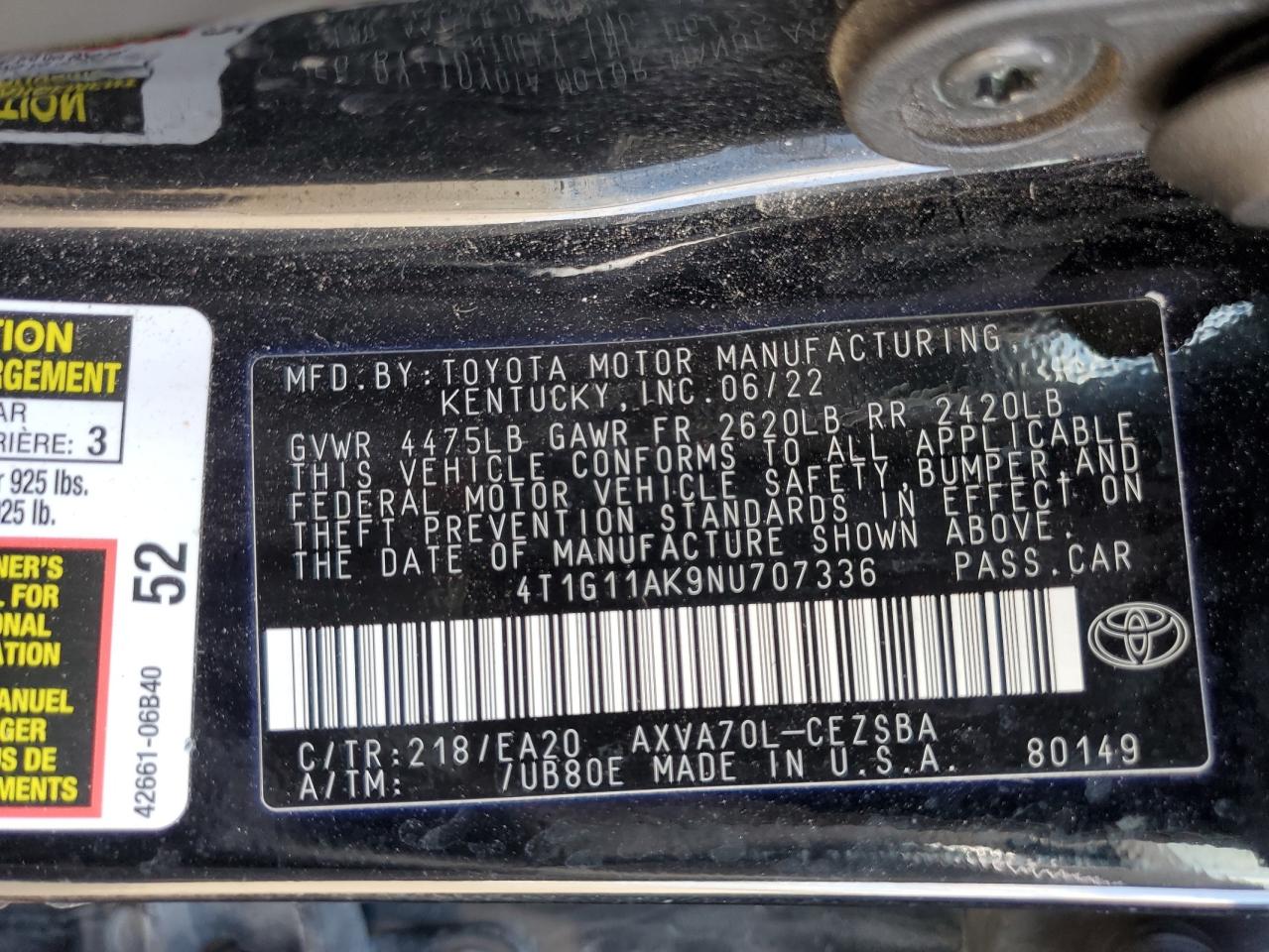 4T1G11AK9NU707336 2022 TOYOTA CAMRY - Image 12