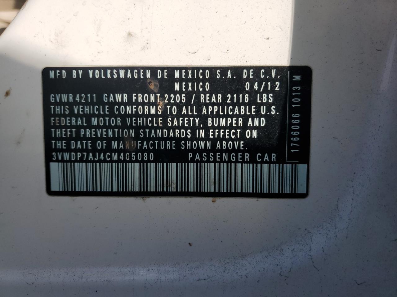 2012 Volkswagen Jetta Se VIN: 3VWDP7AJ4CM405080 Lot: 74815994