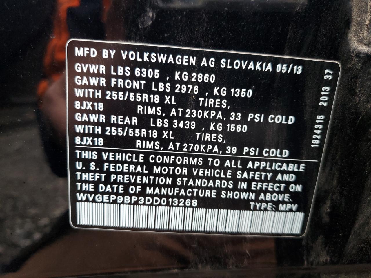 2013 Volkswagen Touareg V6 Tdi VIN: WVGEP9BP3DD013268 Lot: 76845754