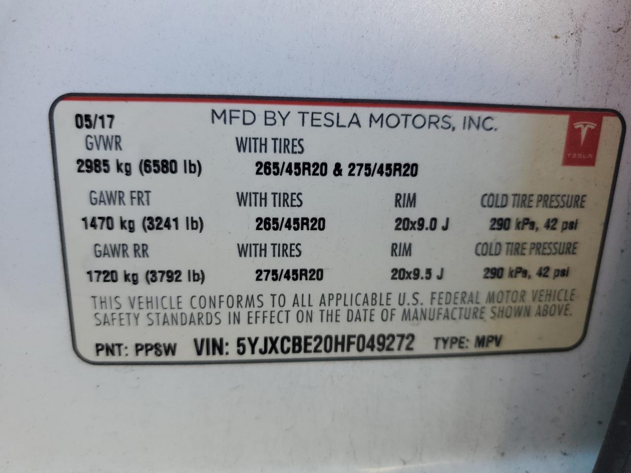 5YJXCBE20HF049272 2017 Tesla Model X