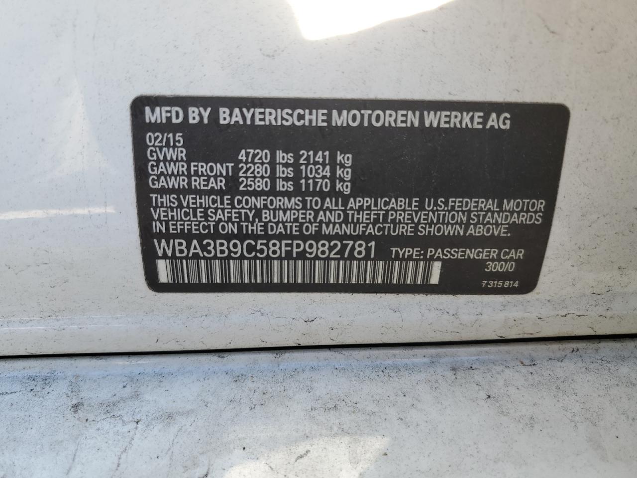 WBA3B9C58FP982781 2015 BMW 335 Xi