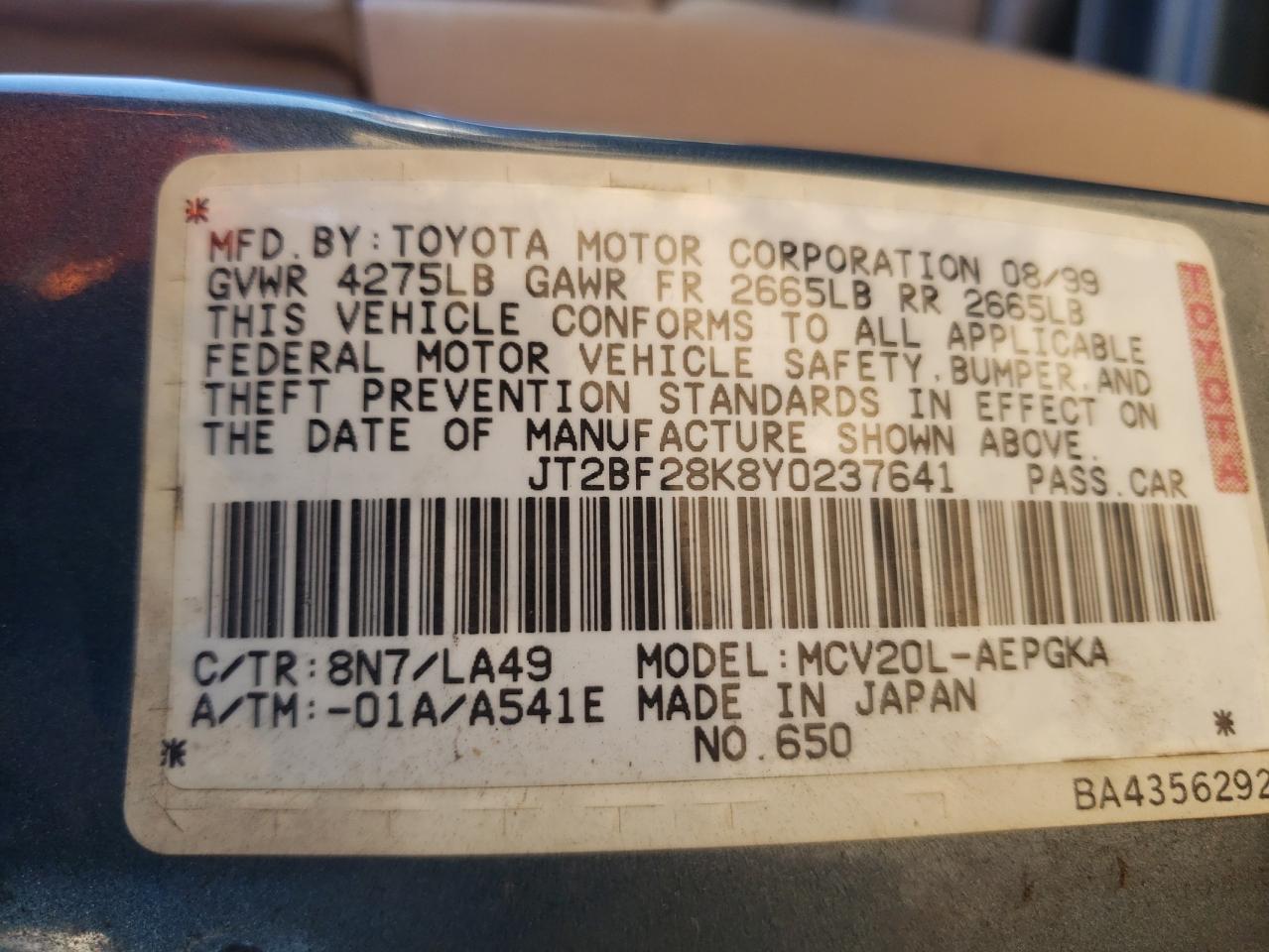 JT2BF28K8Y0237641 2000 Toyota Camry Le