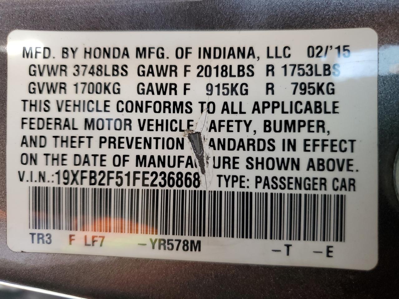 2015 Honda Civic Lx VIN: 19XFB2F51FE236868 Lot: 77852964