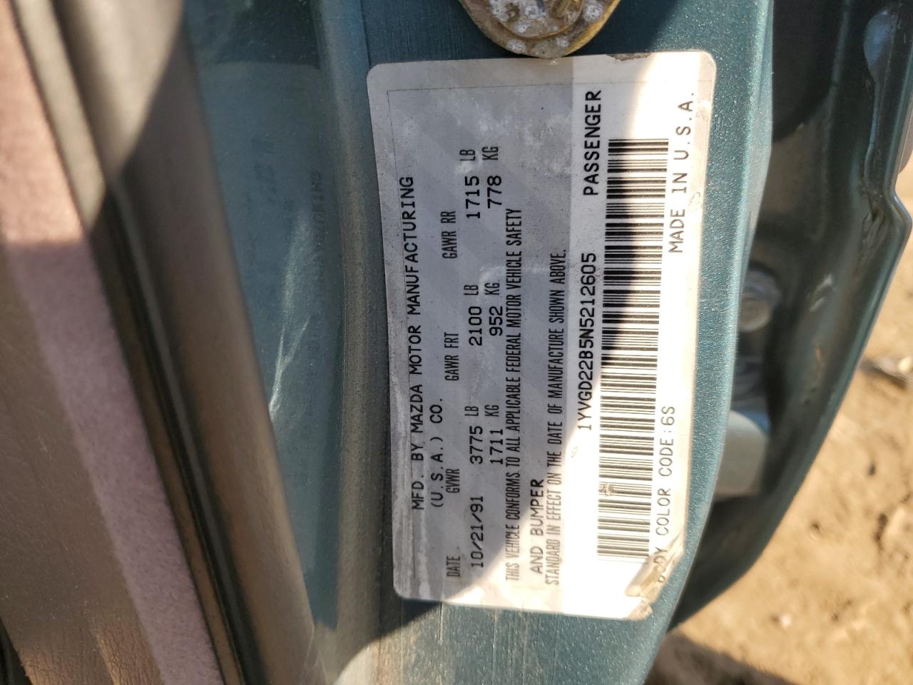 1992 Mazda 626 Dx VIN: 1YVGD22B5N5212605 Lot: 74945704