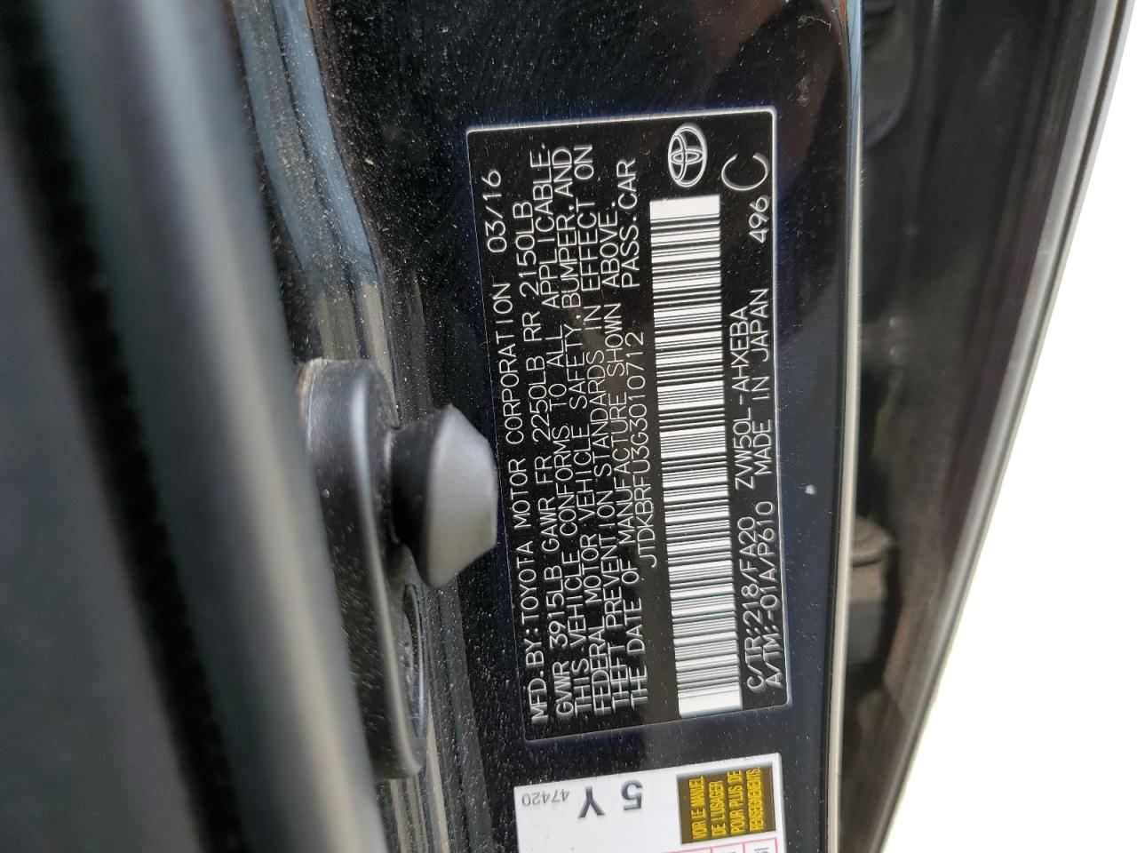 2016 Toyota Prius VIN: JTDKBRFU3G3010712 Lot: 75756584