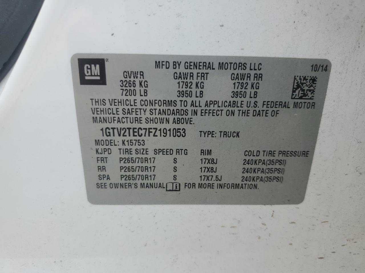 1GTV2TEC7FZ191053 2015 GMC Sierra K1500