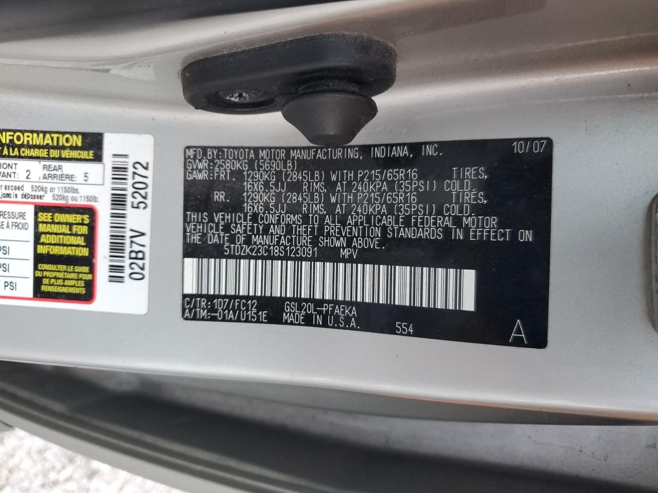 5TDZK23C18S123091 2008 Toyota Sienna Ce