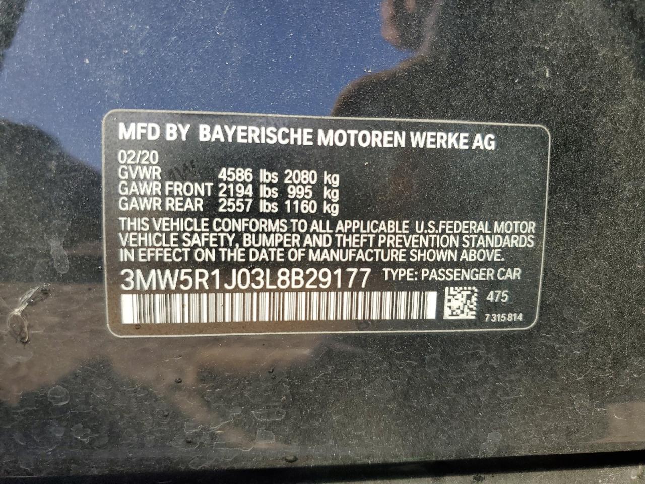 2020 BMW 330I VIN: 3MW5R1J03L8B29177 Lot: 78538064